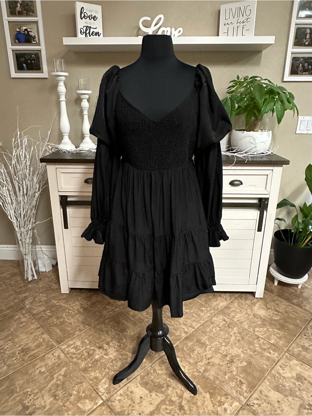 Black Puff-Sleeve Tiered Mini Dress